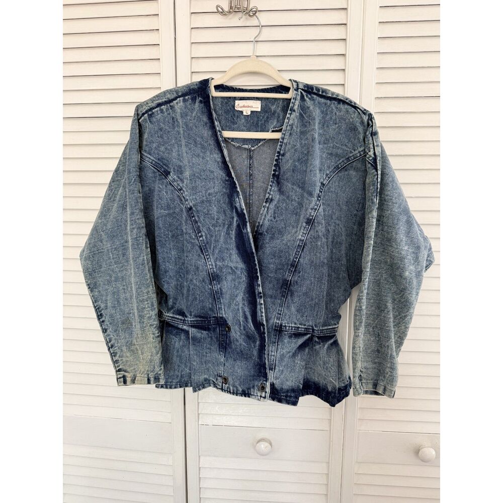 Vintage 1980s Acid Wash Denim Jacket L Peplum Batwing Dolman Statement